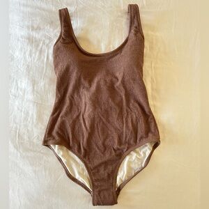 Kona Sol Mocha Brown Textured One Piece Swimsuit, Size L
